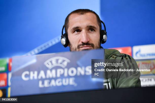 Giorgio Chiellini during the Champions League Juventus press conference at Allianz Stadium on April 2, 2018 in Turin, Italy.