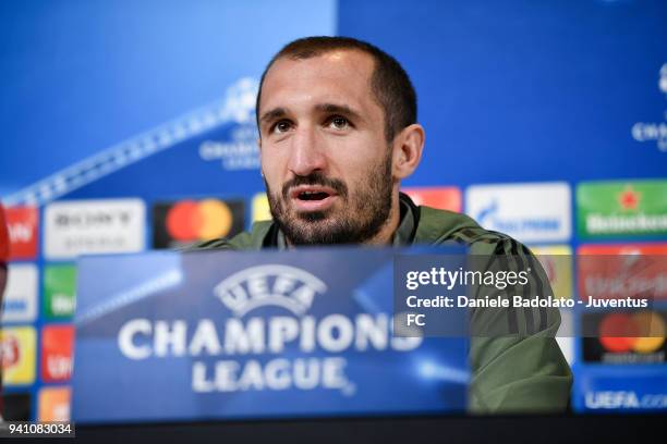 Giorgio Chiellini during the Champions League Juventus press conference at Allianz Stadium on April 2, 2018 in Turin, Italy.
