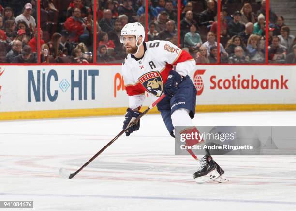 Aaron Ekblad of the Florida Panthers skates against the Ottawa Senators at Canadian Tire Centre on March 29, 2018 in Ottawa, Ontario, Canada.