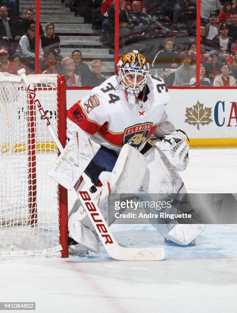 James Reimer of the Florida Panthers tends net against the Ottawa Senators at Canadian Tire Centre on March 29, 2018 in Ottawa, Ontario, Canada.