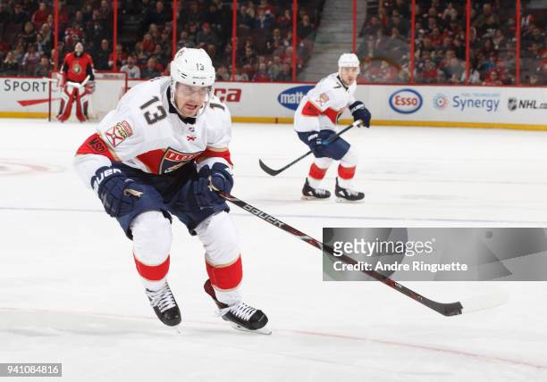 Mark Pysyk of the Florida Panthers skates against the Ottawa Senators at Canadian Tire Centre on March 29, 2018 in Ottawa, Ontario, Canada.