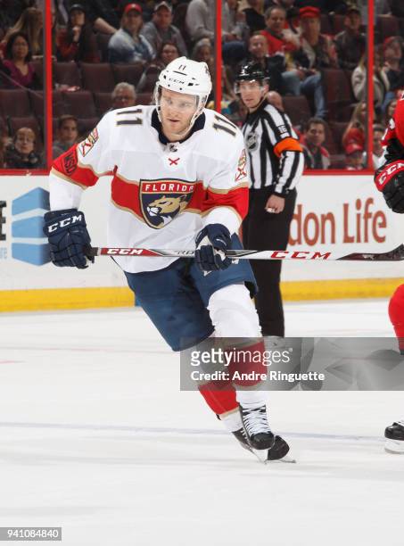 Jonathan Huberdeau of the Florida Panthers skates against the Ottawa Senators at Canadian Tire Centre on March 29, 2018 in Ottawa, Ontario, Canada.