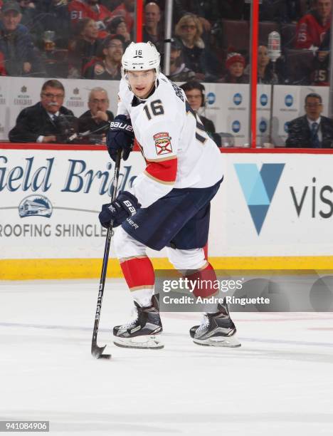 Aleksander Barkov of the Florida Panthers skates against the Ottawa Senators at Canadian Tire Centre on March 29, 2018 in Ottawa, Ontario, Canada.