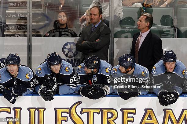 Florida Panthers Head Coach Peter DeBoer and Assistant Coach Mike Kitchen watch along with their team the play against the Atlanta Thrashers at the...