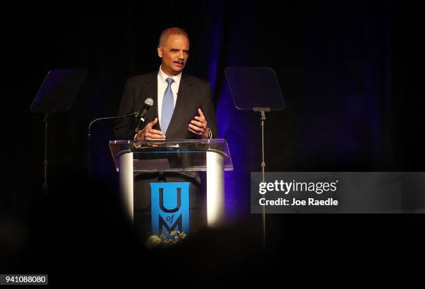Eric Holder, Jr., the 82nd Attorney General of the United States, speaks during a symposium at the Peabody Hotel related to the 50th anniversary of...