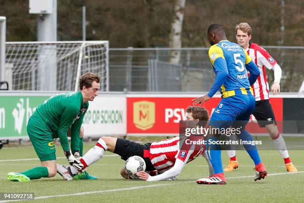 Xavier Mous of FC Oss, Sam Lammers of PSV U23, Lorenzo Pique of FC Oss during the Dutch Jupiler League match between PSV U23 v FC Oss at the De...