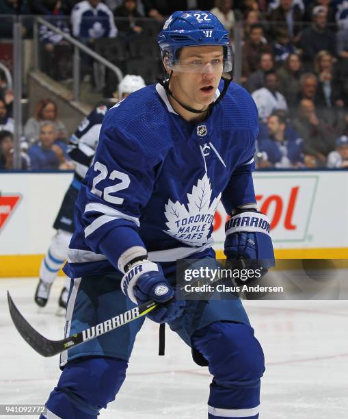 Nikita Zaitsev of the Toronto Maple Leafs skates against the Winnipeg Jets during an NHL game at the Air Canada Centre on March 31, 2018 in Toronto,...