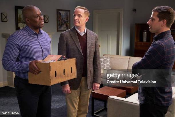 Safe House" Episode 512 -- Pictured: Andre Braugher as Ray Holt, Marc Evan Jackson as Kevin Cozner, Andy Samberg as Jake Peralta --