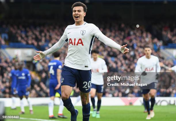 Dele Alli of Tottenham Hotspur celebrates after scoring his side's third goal during the Premier League match between Chelsea and Tottenham Hotspur...