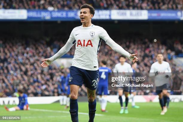 Dele Alli of Tottenham Hotspur celebrates after scoring his side's third goal during the Premier League match between Chelsea and Tottenham Hotspur...
