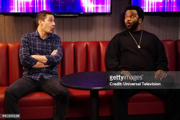 The Negotiation" Episode 513 -- Pictured: Andy Samberg as Jake Peralta, Craig Robinson as Doug Judy --