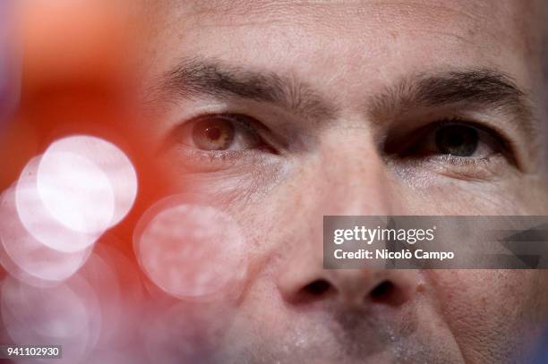 Zinedine Zidane looks on during Real Madrid CF press conference on the eve of the UEFA Champions League quarter-final match between Juventus FC and...