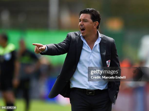 Marcelo Gallardo coach of River Plate gestures during a match between Defensa y Justicia and River Plate as part of Superliga 2017/18 at Norberto...