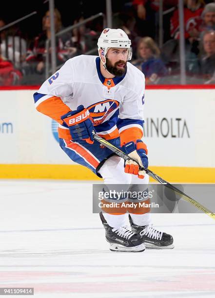 Nick Leddy of the New York Islanders skates against the New Jersey Devils during the game at Prudential Center on March 31, 2018 in Newark, New...
