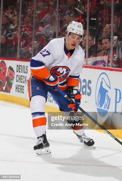 Anders Lee of the New York Islanders skates against the New Jersey Devils during the game at Prudential Center on March 31, 2018 in Newark, New...