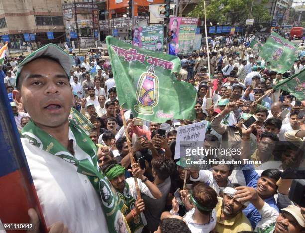 Leader of Opposition RJD Tejashwi Prasad Yadav takes out a rally at Dak Bungalow crossing in Patna during Bharat Bandh call by Dalit organizations...