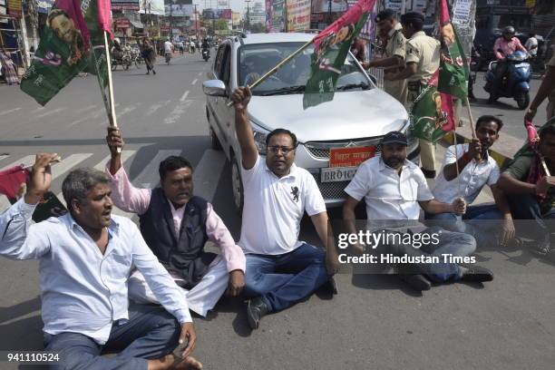 Jan Adhikar Party workers stopped vehicles by blocking Dak Bungalow crossing in Patna during Bharat Bandh call by Dalit organizations against the...