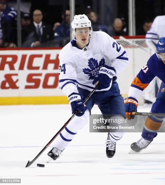 Kasperi Kapanen of the Toronto Maple Leafs skates against the New York Islanders at the Barclays Center on March 30, 2018 in the Brooklyn borough of...