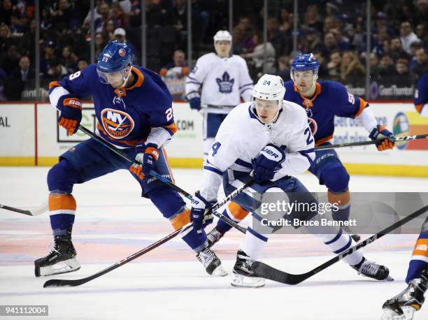 Kasperi Kapanen of the Toronto Maple Leafs skates against the New York Islanders at the Barclays Center on March 30, 2018 in the Brooklyn borough of...