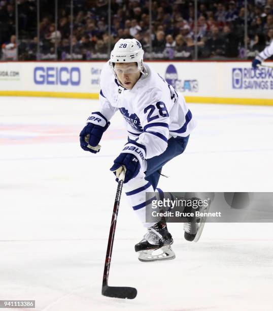 Connor Brown of the Toronto Maple Leafs skates against the New York Islanders at the Barclays Center on March 30, 2018 in the Brooklyn borough of New...