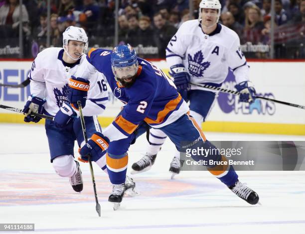 Nick Leddy of the New York Islanders of the New York Islanders skates against the Toronto Maple Leafs at the Barclays Center on March 30, 2018 in the...