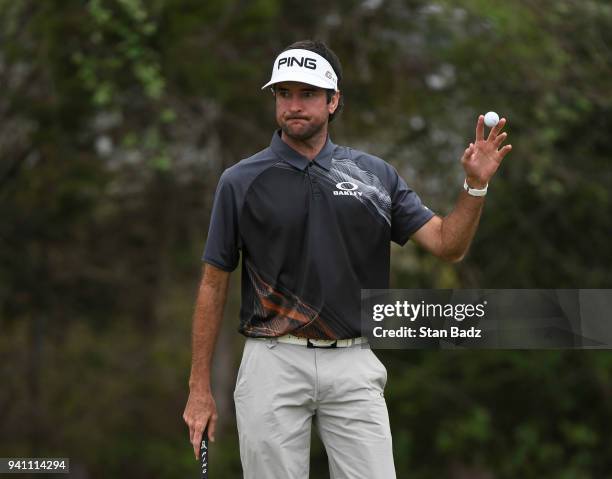 Bubba Watson acknowledges the gallery after winning the championship match at the World Golf Championships-Dell Technologies Match Play at Austin...