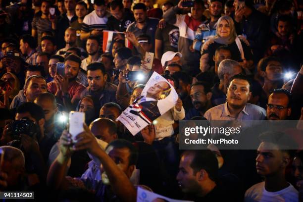 Supporters of President Abdel-Fattah el-Sissi celebrate in Abdin Square in Cairo, Egypt on 2 April 2018, after the election commission announced the...