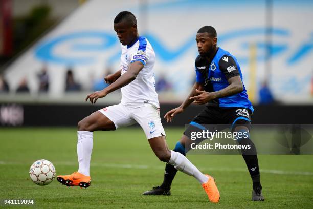 Ally Mbwana Samatta forward of KRC Genk is challenged by Stefano Denswil defender of Club Brugge during the Jupiler Pro League play-off 1 match...