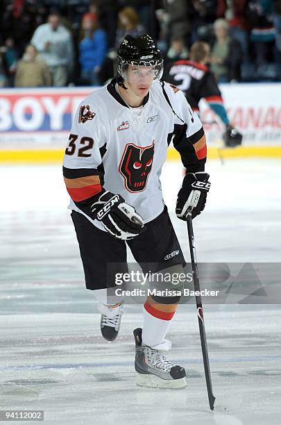 Cody Beach of the Calgary Hitmen skates against the Kelowna Rockets at Prospera Place on October 28, 2009 in Kelowna, Canada. Beach is the brother of...