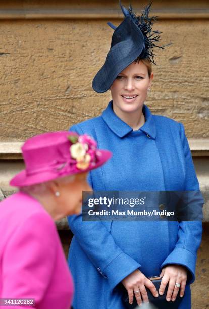 Queen Elizabeth II and Zara Tindall attend the traditional Easter Sunday church service at St George's Chapel, Windsor Castle on April 1, 2018 in...
