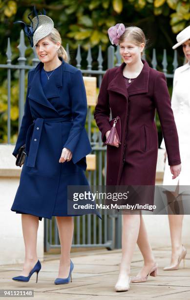 Sophie, Countess of Wessex and Lady Louise Windsor attend the traditional Easter Sunday church service at St George's Chapel, Windsor Castle on April...