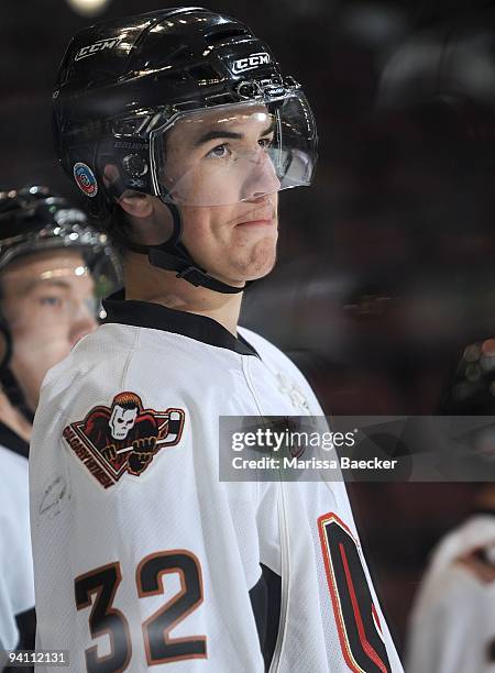 Cody Beach of the Calgary Hitmen skates against the Kelowna Rockets at Prospera Place on October 28, 2009 in Kelowna, Canada. Beach is the brother of...