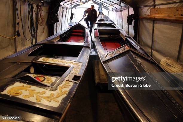 Joseph Gibbons of Gondola di Venezia looks over his gondolas in storage in Boston, MA on March 27, 2018. After 17 years, Steve Bruno and Joseph...