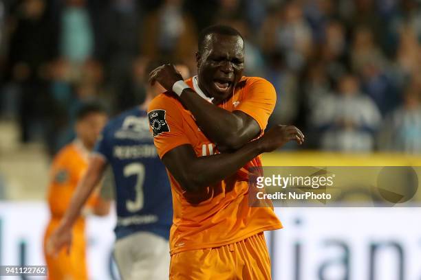 Porto's Cameroonian forward Vincent Aboubakar reacts during the Portuguese League football match Belenenses vs FC Porto at the Restelo stadium in...