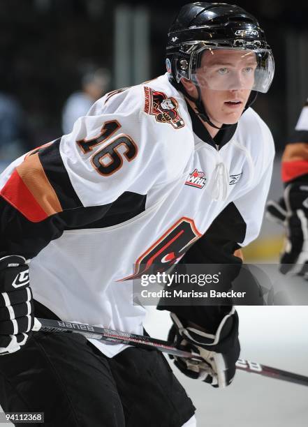 Cody Sylvester of the Calgary Hitmen skates against the Kelowna Rockets at Prospera Place on October 28, 2009 in Kelowna, Canada.