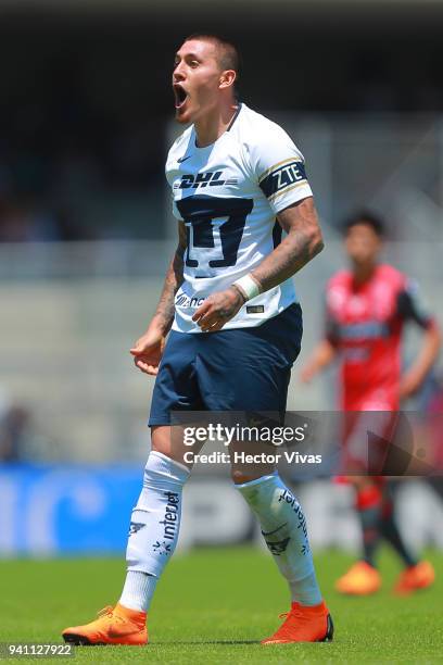 Nicolas Castillo of Pumas reacts during the 13th round match between Pumas UNAM and Necaxa as part of the Torneo Clausura 2018 Liga MX at Olimpico...