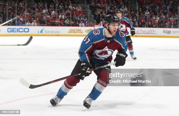 Compher of the Colorado Avalanche skates against the Chicago Blackhawks at the Pepsi Center on March 30, 2018 in Denver, Colorado. The Avalanche...