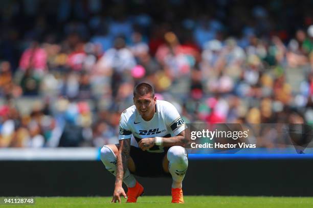 Nicolas Castillo of Pumas reacts during the 13th round match between Pumas UNAM and Necaxa as part of the Torneo Clausura 2018 Liga MX at Olimpico...