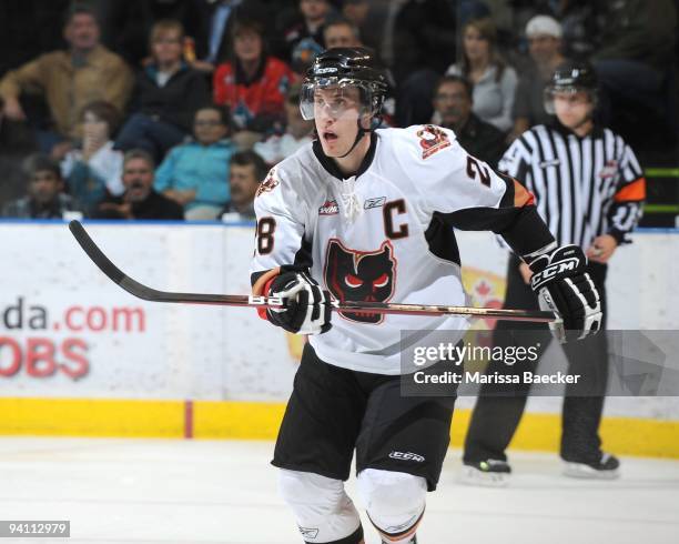 Michael Stone of the Calgary Hitmen skates against the Kelowna Rockets at Prospera Place on October 28, 2009 in Kelowna, Canada. Stone is a 2008...