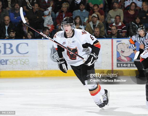 Austin Madaisky of the Calgary Hitmen skates against the Kelowna Rockets on October 28, 2009 in Kelowna, Canada.