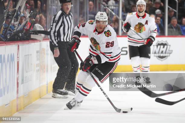 Andreas Martinsen of the Chicago Blackhawks skates against the Colorado Avalanche at the Pepsi Center on March 30, 2018 in Denver, Colorado. The...