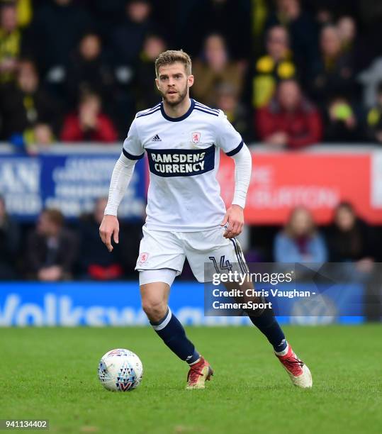 Middlesbrough's Martin Cranie during the Sky Bet Championship match between Burton Albion and Middlesbrough at Pirelli Stadium on April 2, 2018 in...