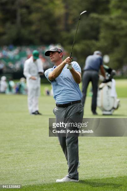 Brendan Steele of the United States plays a shot on the 17th hole during a practice round prior to the start of the 2018 Masters Tournament at...
