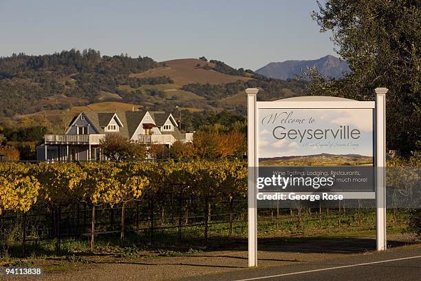 Sign welcomes visitors to this town as seen in this 2009 Geyserville, Alexander Valley, Sonoma County, California, late fall landscape photo.