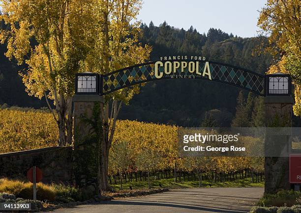 The entrance to Francis Ford Coppola Winery is seen in this 2009 Geyserville, Alexander Valley, Sonoma County, California, late fall landscape photo.