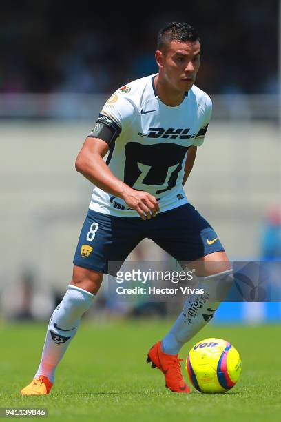 Pablo Barrera of Pumas drives the ball during the 13th round match between Pumas UNAM and Necaxa as part of the Torneo Clausura 2018 Liga MX at...