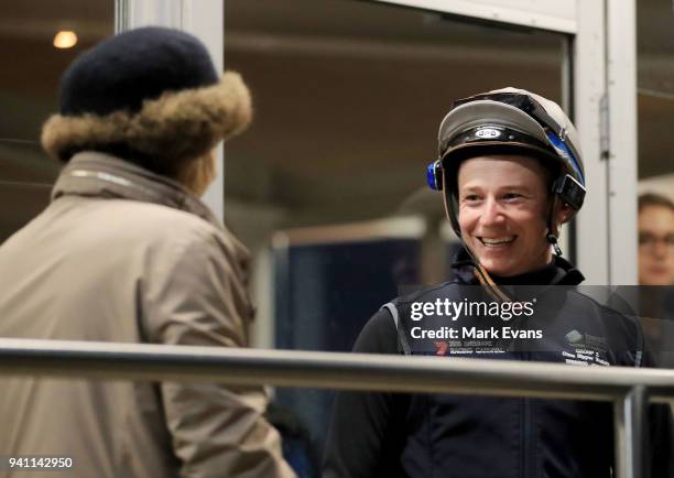 Jockey James McDonald greets Gai Waterhouse on his fist day back riding after an 18 month suspension during a trackwork session ahead of day one of...