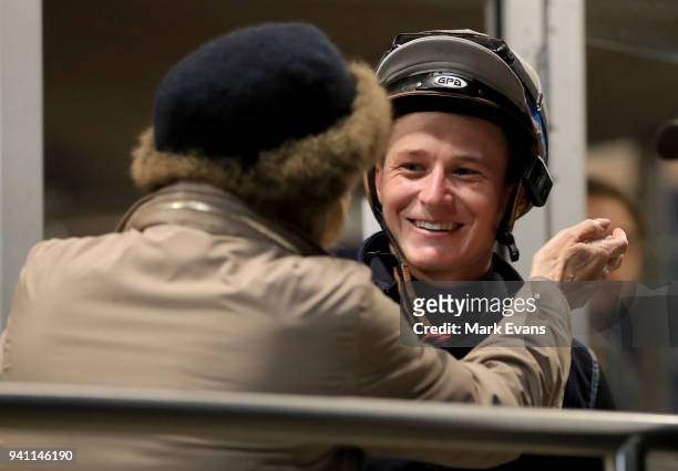 Jockey James McDonald greets Gai Waterhouse on his fist day back riding after an 18 month suspension during a trackwork session ahead of day one of...
