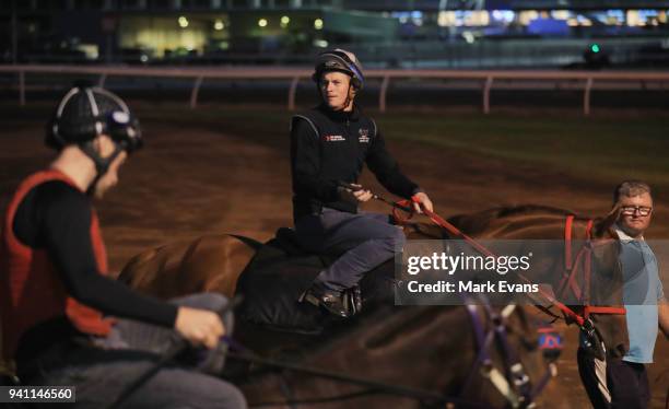 Jockey James McDonald riding for Gai Waterhouse and Adrian Bott on his first day back after an 18 month suspension during a trackwork session ahead...