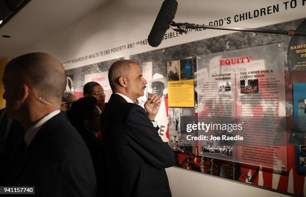 Eric Holder, Jr., the 82nd Attorney General of the United States, visits the MLK50: A legacy Rembered exhibit at the National Civil Rights Museum as...